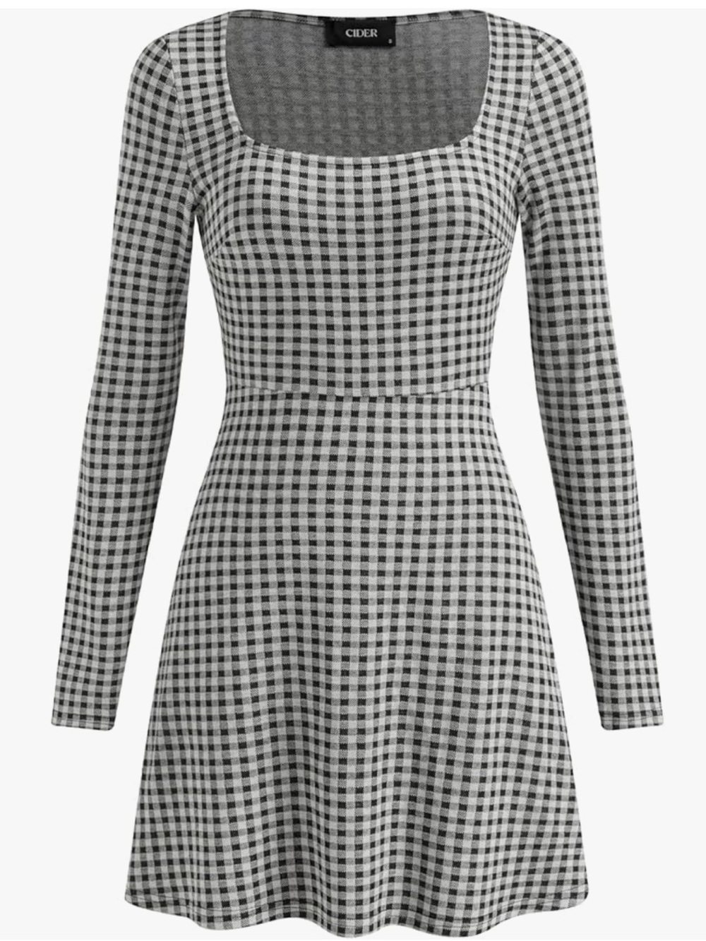 Cider Black & White Gingham Long-Sleeve Square-Neck Dress